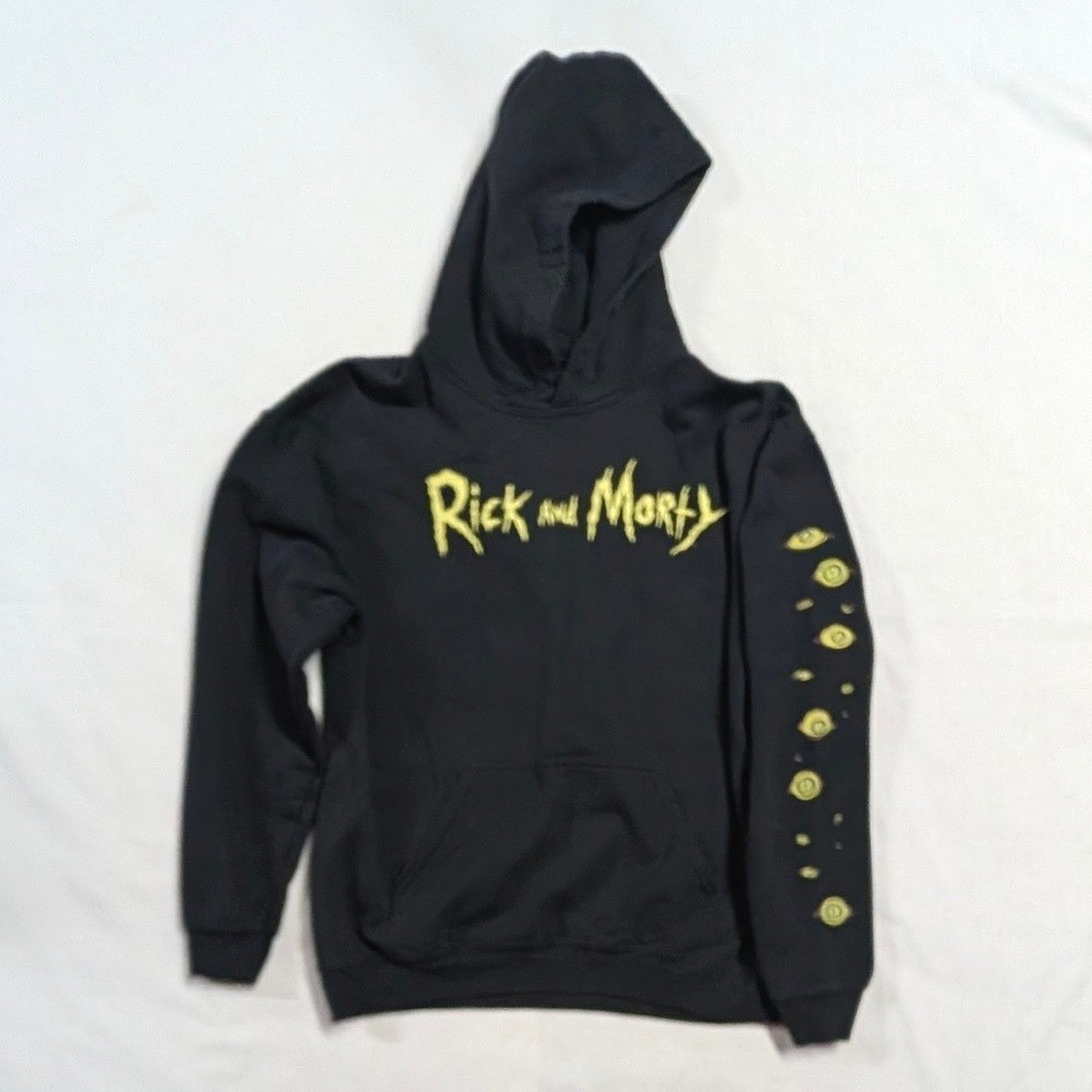 Rick and Morty Adult Swim Graphic Hoodie Black Mens Small Trippy Back Print